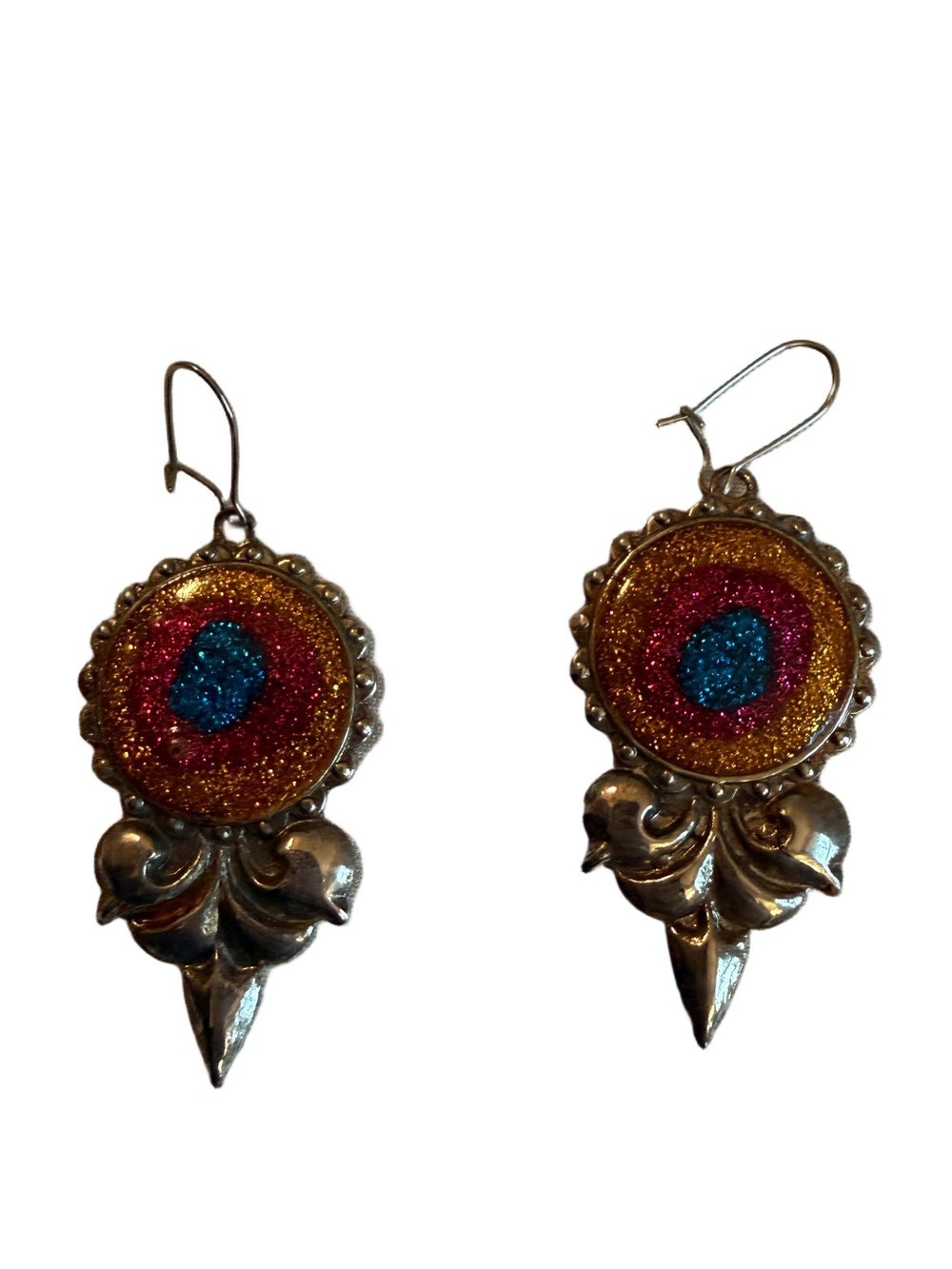 Handcrafted Multicolor Glitter Drop Earrings - Blue, Pink & Gold
